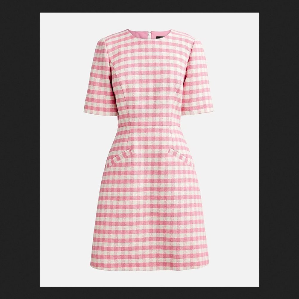 Short-sleeve mini dress in gingham terry tweed